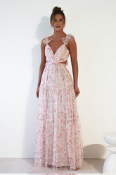Ditsy Floral Print Frill Straps Backless Tulle Gowns Maxi Dresses-Pink
