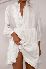 Long Sleeve Button White Mini Dresses