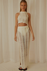 Knit Crop Tank Top Slim Fit Ripped Maxi Skirt Matching Set-White