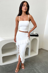 Crop Cami Slim Fit Ruffled Irregular Midi Skirt Matching Set-White