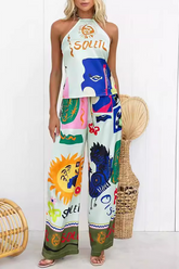 Sleeveless Halter Top Mixed Prints Wide Leg Pants Matching Set-Green