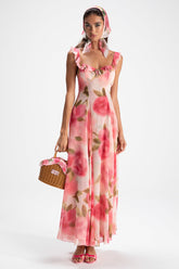 Ruffle Trim Floral Print Sleeveless Vacation Maxi Dresses-Pink