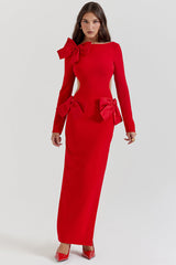 Bow Decor Long Sleeve Backless Slim Fit Side Slit Gowns Maxi Dresses-Red