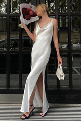 Cowl Neck Backless Chain Decor Side Slit Satin Maxi Slip Dresses-White