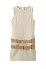 Round Neck Plain Slim Fit Double Belts Sleeveless Mini Dresses-Khaki