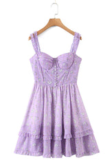 Floral Print Button Ruffle Vacation Sleeveless A-Line Mini Dresses-Purple