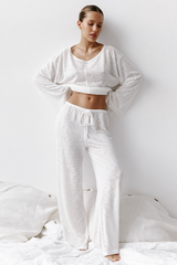Knit Solid Color Long Sleeve Loose Fit Top Straight Leg Pants Pajamas Set-White