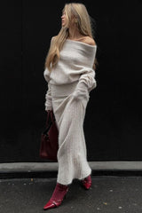 Off Shoulder Long Sleeve Oversized Sweater Knit Midi Skirt Matching Set-Beige
