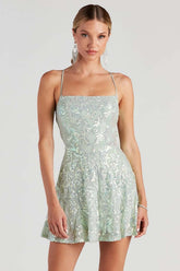 Floral Sequins Cami Lace Up Backless A-Line Garden Party Mini Dresses