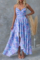 Floral Print V Neck Asymmetric Hem Vacation Maxi Dresses-Purple
