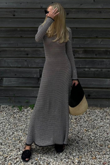 Knit Striped Pattern Long Sleeve Slim Fit Vacation Maxi Dresses-Black