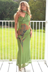 Floral Print Irregular Tied Neck Bodycon Maxi Dresses-Green Pre Order