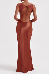 Solid Color Backless Slim Fit Satin Maxi Tank Dresses-Brown