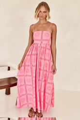 Floral Print Boat Neck Spaghetti Strap A-Line Backless Vacation Maxi Dresses-Pink