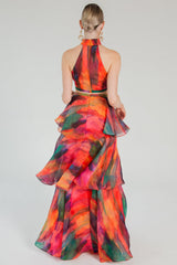 Multicolor Print Halter Layered Maxi Skirt Prom Two Piece Set