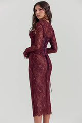 Floral Lace Shrug Ruched Slip Midi Dresses Matching Set-Burgundy