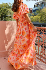 Puff Sleeve Square Neck Floral Print Pleated Vacation Maxi Dresses-Orange