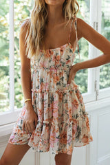 Floral Print Vacation Tied Up Boat Neck All Over Tiered Pleated Tulle Slip Mini Dresses