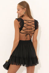 Cut Out Back Lace Up Ruffle Sleeveless Party Mini Dresses-Black