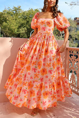Puff Sleeve Square Neck Floral Print Pleated Vacation Maxi Dresses-Orange