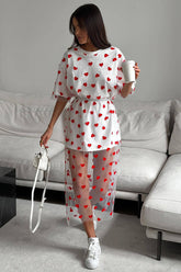 Heart Print Mesh Patchwork Short Sleeve T-shirt Midi Dresses-White