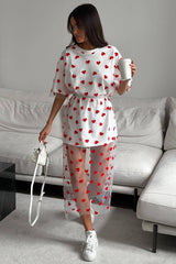 Heart Print Mesh Patchwork Short Sleeve T-shirt Midi Dresses-White