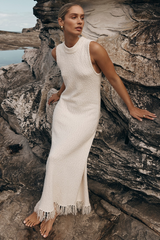 Knit Round Neck Slim Fit Fishtail Fringed Hemline Maxi Tank Dresses-White