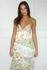 Ditsy Floral Print Deep V Neck Lace Patchwork Backless Slip Maxi Dresses-Green