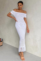 Off Shoulder Hollow Out Boho Knit Fringe Hem Vacation Maxi Dresses-White