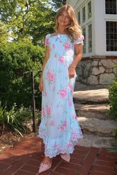 Floral Print Puff Sleeve Ruffle Hem Vacation Maxi Dresses-Blue