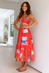 Mixed Prints V Neck Crop Cami A-Line Midi Skirt Matching Set-Red