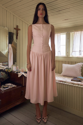 Boat Neck Button Up Cinch Waist Backless Pleated Hem Sleeveless Midi Dresses-Pink