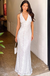 V Neck Open Back Slim Fit Lace Elegant Maxi Dresses-White Pre Order