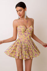 Cami Floral Print Sweetheart Neck Backless Tie Up Pleated Flowy A-Line Mini Dresses