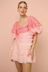 Square Neck Puffy Sleeve Ombre Tiered Backless Mini Dresses-Pink