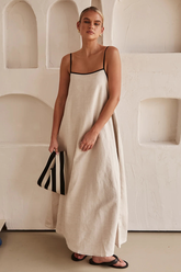 Spaghetti Strap Boat Neck Loose Fit Maxi Dresses-Beige