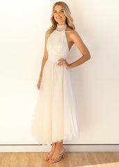 Tulle Halter Bow Backless Prom Maxi Dresses