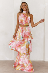 Multicolor Pattern Crop Top Tiered Maxi Skirt Matching Set-Pink