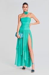 Strapless Boat Neck Ruched Pleated High Slit Tulle Formal Party Maxi Dresses