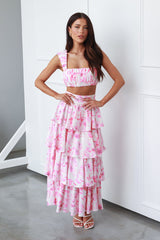 Square Neck Ruched Sleeveless Crop Top High Waist Layered Maxi Skirt Floral Print Matching Set