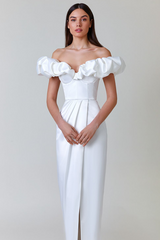 Puffy Ruffled Trim Off Shoulder Corset Slit Formal Party Maxi Dresses-White
