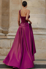 Elegant One Shoulder Corset Folds High Slit Formal Party Gown Satin Maxi Dresses-Purple