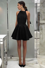 Sleeveless Halter Back Bow Backless A-Line Mini Dresses-Black
