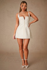 Wide Straps Single-Breasted A-Line Textured Mini Dresses-White