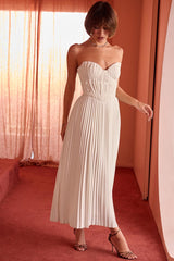 Strapless Corset Pleated Elegant Party Gown Midi Dresses-White