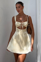 Front Tie Up Cutout Solid Color A-Line Slip Mini Dresses-Beige