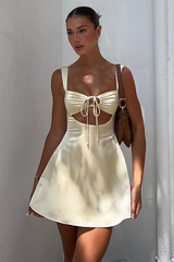 Front Tie Up Cutout Solid Color A-Line Slip Mini Dresses-Beige