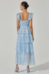 Ruffled Straps Tiered Flounced Slit Maxi Dresses-Blue