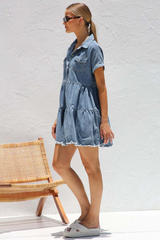 Denim Turndown Collar Short Sleeve Pocket A-Line Loose Fit Blouse Mini Dresses-Blue