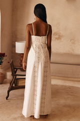 Crochet Patchwork A-Line Vacation Maxi Strappy Dresses-White